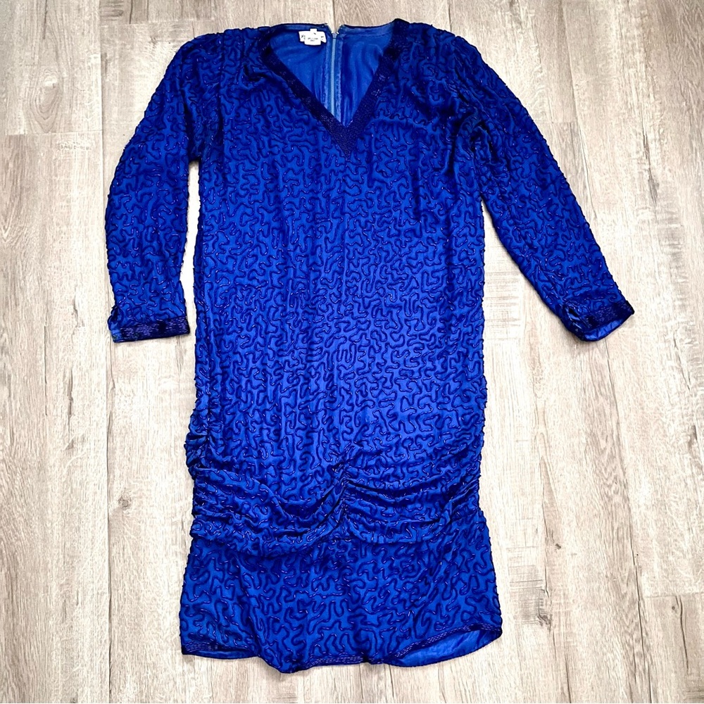 Judith Ann Creations Blue Silk Beaded Cocktail Dress Gown Party Wedding Prom - M